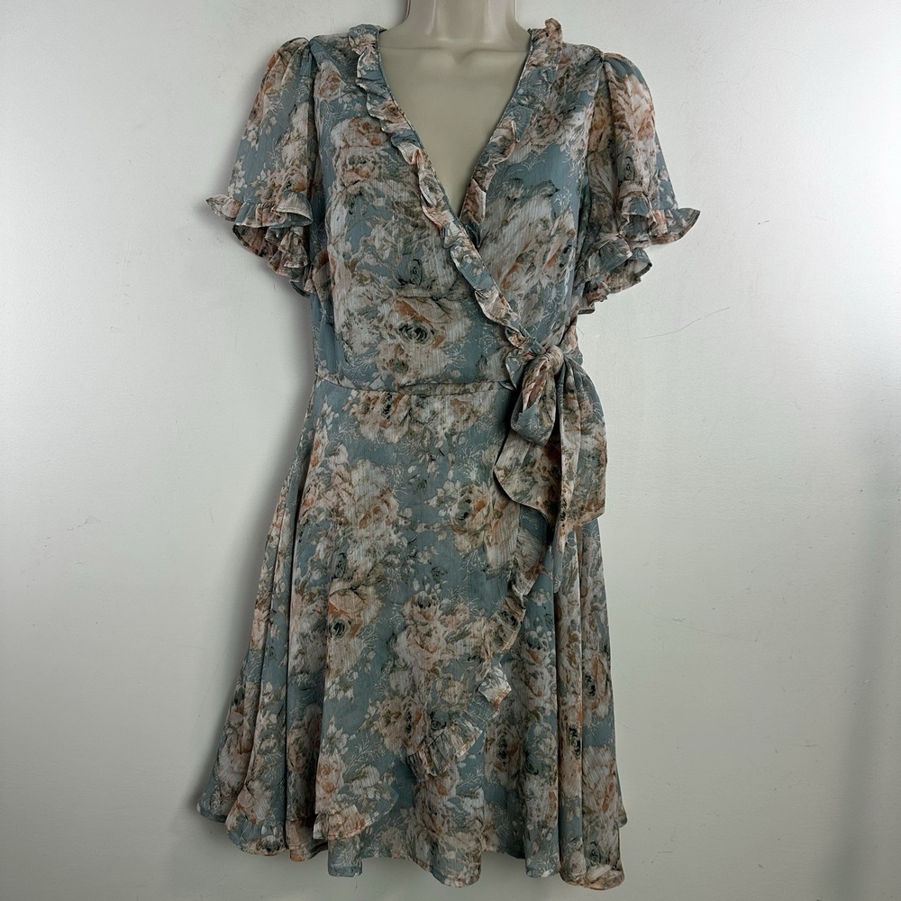 Floral Cottagecore Prairie Dress Romantic Ruffle Flutter Sleeve Mini Wrap Sz S
